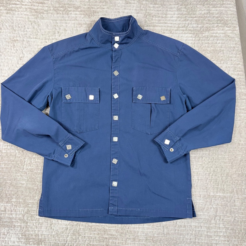 Vintage Obermeyer Mens Navy Blue Utility Shirt Square Metal Snaps Hong Kong